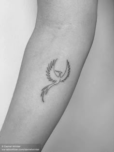 a black and white photo of a bird tattoo on the arm