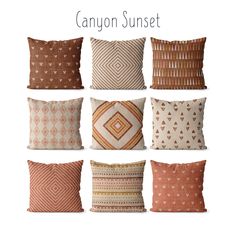 the canyon sunset pillow collection is shown in various colors and sizes, including oranges, browns