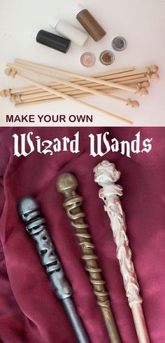 an assortment of wizard wands on a purple cloth with text overlay that reads make your own wizard wands