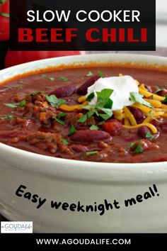 slow cooker beef chili recipe in a white bowl