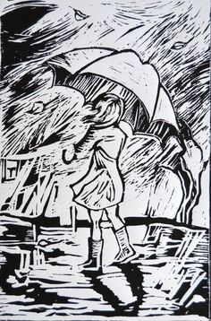 a black and white drawing of a person holding an umbrella