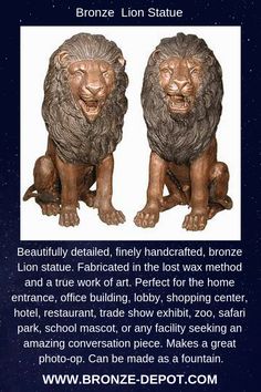 two lion statues sitting next to each other on top of a blue background with the caption bronze lion statue