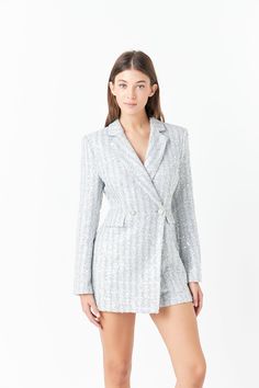 This ravishing Sequins Tweed Romper with its Double-Breasted style Skinny Lapels and Long Sleeves is a chic and unique piece of clothing. The beautiful tweed fabric is elaborately embellished with sequins for a striking effect. This romper is a must-have for any fashionista who intends to stand out from the crowd. Wear it for any formal or semi-formal occasion and you will be sure to draw admiring looks from all quarters. Sequin tweed Double-breasted style Skinny lapels Long sleeves Shoulder pad Tweed Romper, Tweed Fabric, Formal Occasion, Semi Formal, Shoulder Sleeve, Piece Of Clothing, Shoulder Pads, Front Pocket, Side Zipper