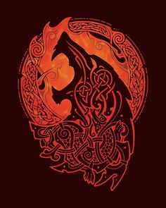 an orange and black drawing of a wolf in a circle with celtic designs on it