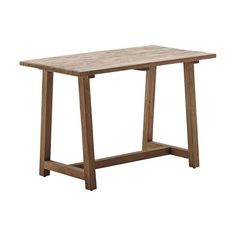 a wooden table sitting on top of a white floor