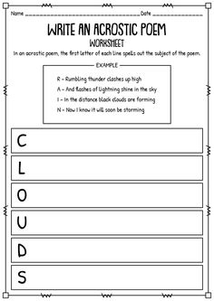 the writing worksheet for an acrostic poem is shown in black and white