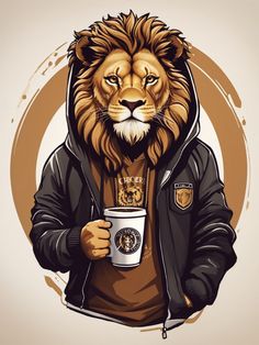 a lion wearing a hoodie and holding a coffee cup in his hands, with the image of a lion on it's chest