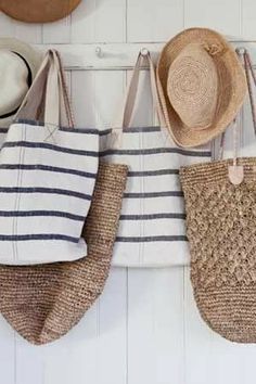 Nothing shouts summer like the texture of rattan, wicker, seagrass or for that matter natural wovens of any kind. Whatever that object... Beach Cottage Style Decor, Deco Marine, Cottage By The Sea, Seaside Cottage, Beach House Style, Beach Cottage Style, Summer Stripes, Straw Bags, Beach Cottage