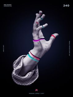 a poster with the hands and feet of a person in colorful bracelets, on a black background