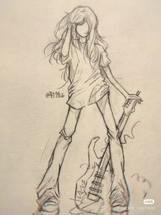 Complicated Drawings, Playing Guitar Drawing, Girl Hair Drawing, Guitar Drawing, Model Sketch, Pen Art Drawings, Body Pose Drawing