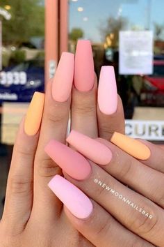 10 Exciting Parts Of Attending Coffin Acrylic Nail Ideas Coffin Matte Pink Nails, Coffin Nails Matte, Nails Yellow, Peach Nails, Special Nails, Matte Nails Design, Vibrant Nails, Disney Nails