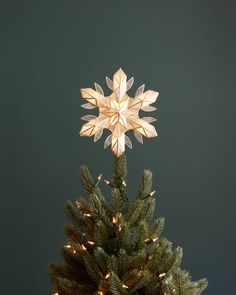 a lighted christmas tree with a snowflake decoration on top