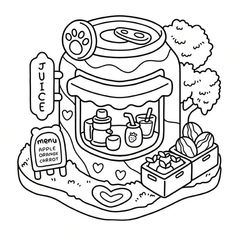 a coloring page with an image of a pot full of food and some other items