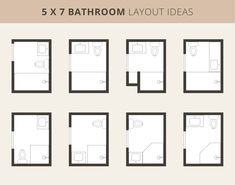 the floor plan for a bathroom layout is shown in black and white, with six different areas