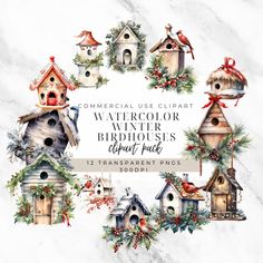 watercolor winter birdhouses clipart pack with christmas wreaths and pine cones on marble background