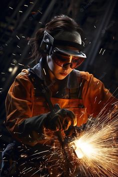 a woman welder working with sparks in an industrial factory or workshop, wearing safety goggles and protective gear