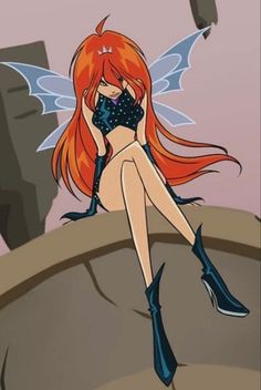 a red haired fairy sitting on top of a rock with her legs crossed and hands behind her head