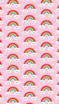 a pink wallpaper with rainbows and clouds on it's sides, all in different colors