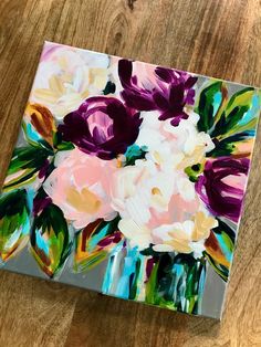 an acrylic painting of flowers in a vase on a wooden table with wood flooring