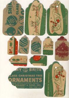 christmas tree ornaments and tags are shown on a white background with green trimmings