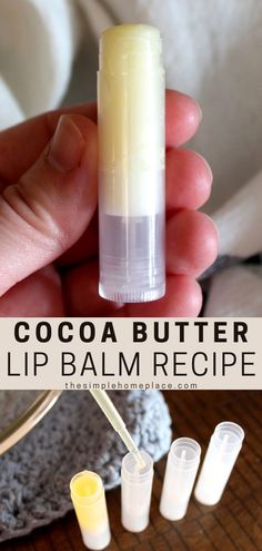 hand holding tube of homemade cocoa butter lip balm Lip Balm With Cocoa Butter, Lip Balm With Almond Oil, Best Lip Balm Recipe, Coco Butter Lip Balm, Creamy Lip Balm Recipe, Make Your Own Lip Balm, Lip Balm Recipes Homemade, Tallow Lip Balm Recipe, Lip Balm Packaging Ideas