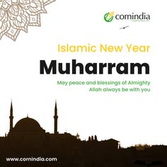 islamic new year muharram greeting card with mosque and arabic calligraphy on white background