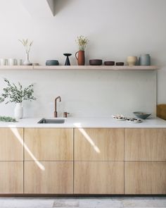 a kitchen with wooden cabinets and white counter tops, plants on the shelf above the sink