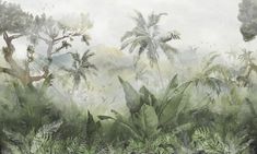 an artistic painting of trees and plants in the rain