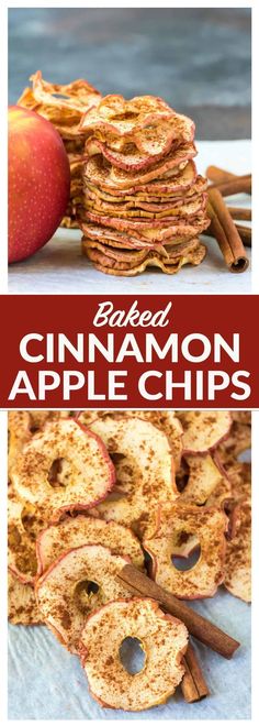 baked cinnamon apple chips with cinnamon sticks and apples in the background