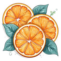 three oranges with green leaves and water drops on the top one is cut in half