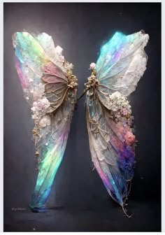 two wings with flowers on them are made out of glass and metal wire, sitting side by side in front of a black background