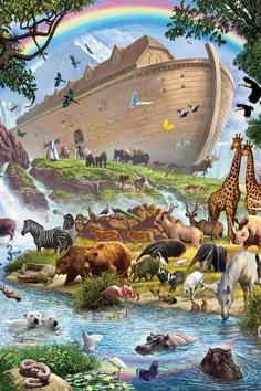 a painting of noah's ark with animals in it