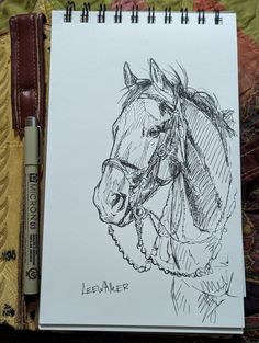 a drawing of a horse's head on top of a piece of paper next to a pen