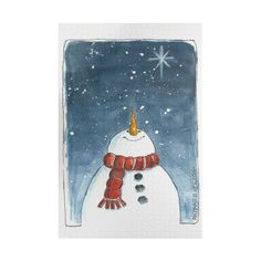 a watercolor painting of a snowman wearing a red scarf