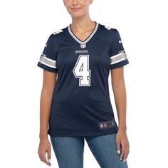 Prove you are the #1 fan of the Dallas Cowboys with this Dak Prescott Game team jersey from Nike! It features bold graphics and a tailored design that makes it easy to get the look of a tried and true Dallas Cowboys fan. You'll love paying homage to your favorite NFL squad in this top-notch jersey!Prove you are the #1 fan of the Dallas Cowboys with this Dak Prescott Game team jersey from Nike! It features bold graphics and a tailored design that makes it easy to get the look of a tried and true Blue Sporty Jersey For Fan Gear, Blue Jersey For Game Day, Fan Apparel, Blue Fan Apparel Jersey For Game Day, Blue Fan Jersey For Game Day, Sporty Blue Jersey For Game Day, Collegiate Football Season Jersey, Casual Blue Jersey For Fan Gear, Team-colored Jersey For Fan Gear, Blue Crew Neck Jersey For Fan Gear