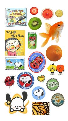 an assortment of stickers and magnets on a white background, including orange slices