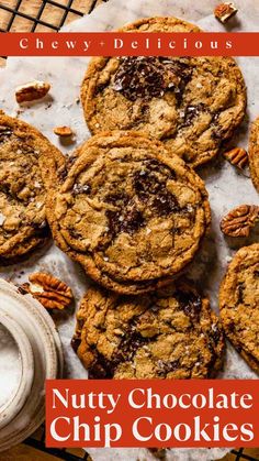 chocolate chip pecan cookies on a cooling rack with the words chew - candy delicious