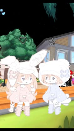 two cartoon characters are standing in front of a house at night, one is wearing a bunny suit