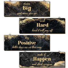 three black and gold marble signs with the words, you can never give up work hard