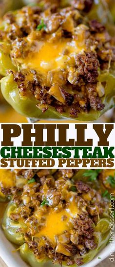 two pictures of stuffed peppers with cheese and meat in them on a white platter