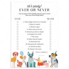 Fun Dog Birthday Party Game Ever or Never Printable by LittleSizzle Dog Birthday Games, Dog 10th Birthday Party, Dog Quinceanera Party, Dog Birthday Party Ideas, Dog Party Games, Dog Bday, Cool Dog Tricks, Whiskey Birthday, Birthday Party Game