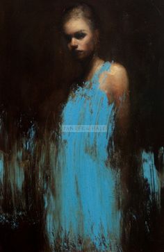 a painting of a woman in blue dress with black background and dark hair, looking down at the viewer