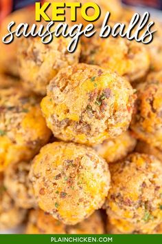 keto sausage balls stacked on top of each other with the title text above it