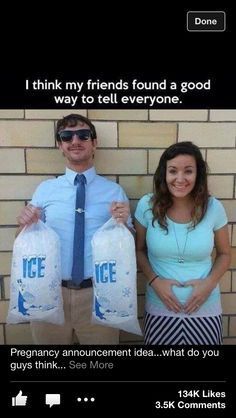 two people standing next to each other holding bags with ice on them and the caption reads, i think my friends found a good way to tell everyone