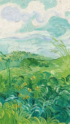 a painting of green grass and blue sky with clouds in the background