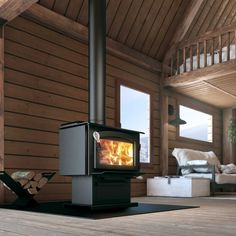 a wood burning stove sitting inside of a living room