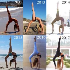 four pictures of women doing different yoga poses on the beach and in front of the ocean