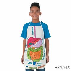 a young boy wearing an apron that has the image of a human organ on it