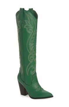 Intricate stitching enhances the Western influence of a block-heel cowboy boot in a knee-high profile. 3 1/2" heel (size 8.5) 17" shaft height, 14" shaft Leather upper/synthetic lining and sole Imported Star Cowboy Boots, Knee High Western Boots, Cowboy Boots For Women, Fashionably Late, Western Boots Women, Wide Calf Boots, Western Boot, Cowboy Boot, Wide Calf