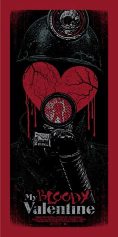 a red poster with the words rock valentine on it and a gas mask in the background